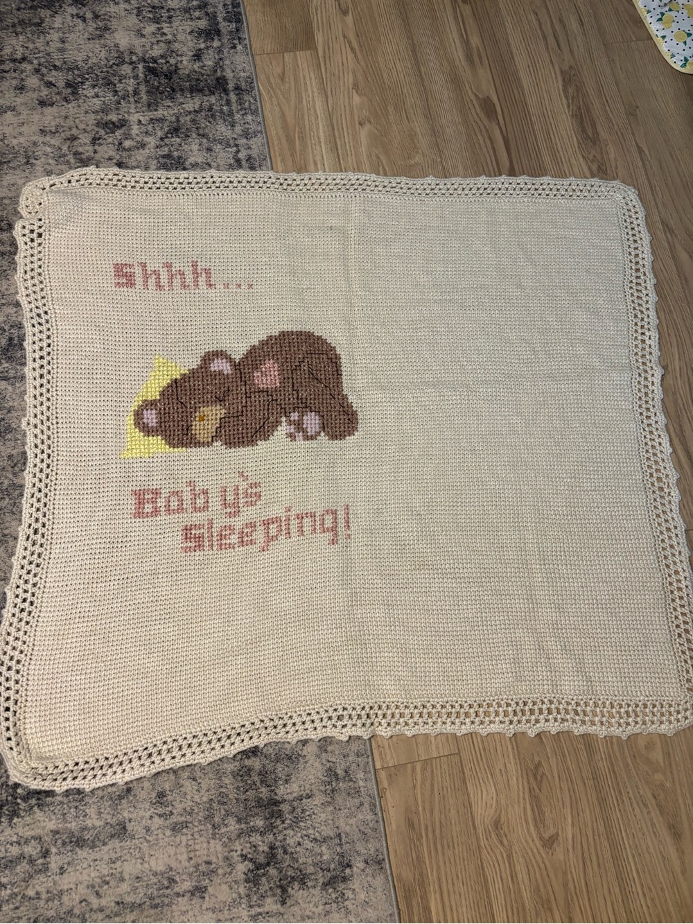 Vintage Monochrome Handmade Knit Crochet Baby Blanket Sleeping Bear